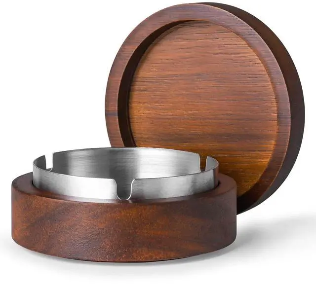 Main image of Wooden Ashtray with Lid for Smokers Stainless Steel Liner Ash Tray Windproof Durable Easy to Clean Cool Ashtrays for Indoor or Outdoor Use, Patio, Office & Home