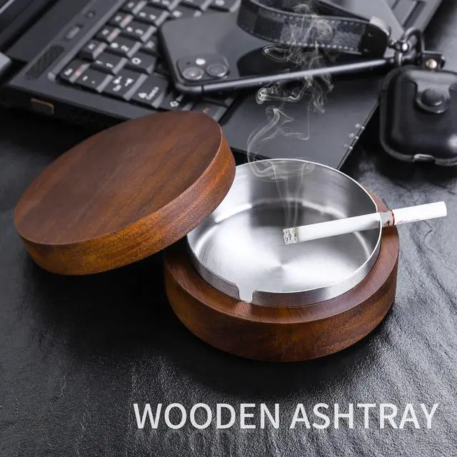 Alt view image 2 of 7 - Wooden Ashtray with Lid for Smokers Stainless Steel Liner Ash Tray Windproof Durable Easy to Clean Cool Ashtrays for Indoor or Outdoor Use, Patio, Office & Home