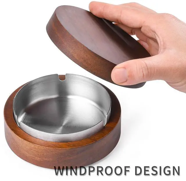 Alt view image 3 of 7 - Wooden Ashtray with Lid for Smokers Stainless Steel Liner Ash Tray Windproof Durable Easy to Clean Cool Ashtrays for Indoor or Outdoor Use, Patio, Office & Home
