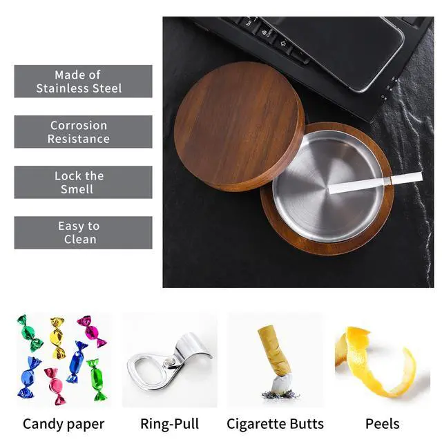 Alt view image 6 of 7 - Wooden Ashtray with Lid for Smokers Stainless Steel Liner Ash Tray Windproof Durable Easy to Clean Cool Ashtrays for Indoor or Outdoor Use, Patio, Office & Home