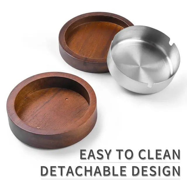 Alt view image 4 of 7 - Wooden Ashtray with Lid for Smokers Stainless Steel Liner Ash Tray Windproof Durable Easy to Clean Cool Ashtrays for Indoor or Outdoor Use, Patio, Office & Home