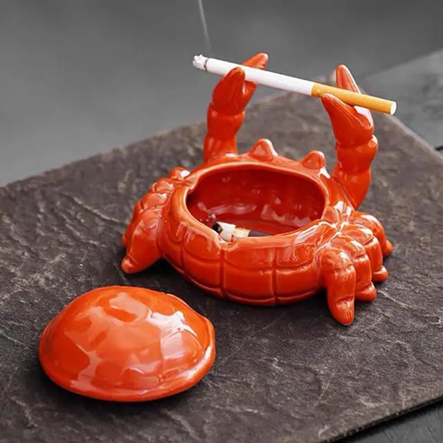 Main image of Ashtray with Lid, Windproof Tabletop Ceramic Cigarette Ash Tray for Outside or Inside, Crab Decor