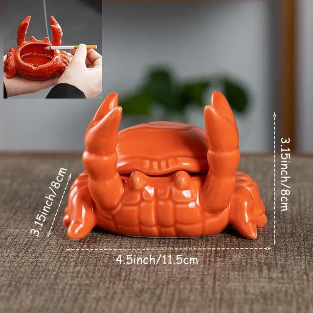 Alt view image 2 of 7 - Ashtray with Lid, Windproof Tabletop Ceramic Cigarette Ash Tray for Outside or Inside, Crab Decor