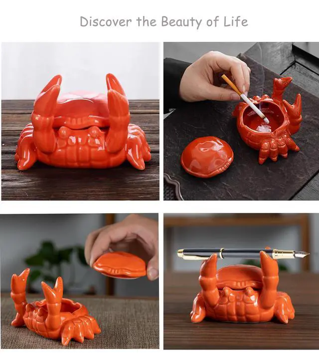Alt view image 5 of 7 - Ashtray with Lid, Windproof Tabletop Ceramic Cigarette Ash Tray for Outside or Inside, Crab Decor