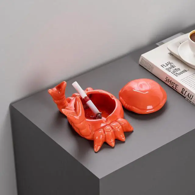 Alt view image 3 of 7 - Ashtray with Lid, Windproof Tabletop Ceramic Cigarette Ash Tray for Outside or Inside, Crab Decor