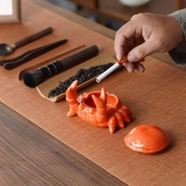 Alt view image 6 of 7 - Ashtray with Lid, Windproof Tabletop Ceramic Cigarette Ash Tray for Outside or Inside, Crab Decor