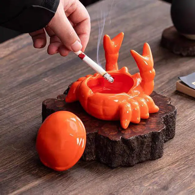 Alt view image 7 of 7 - Ashtray with Lid, Windproof Tabletop Ceramic Cigarette Ash Tray for Outside or Inside, Crab Decor