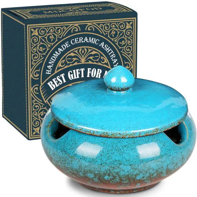 Main image of Ceramic Ashtray with Lids Cigar Accessories Outdoor Windproof Ashtrays for Cigarettes Ash Tray Gift for Men Dad Husband Boyfriend Home Ashtrays for Patio, Indoor, Outside, Office Decoration (Blue)
