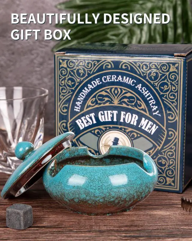 Alt view image 3 of 6 - Ceramic Ashtray with Lids Cigar Accessories Outdoor Windproof Ashtrays for Cigarettes Ash Tray Gift for Men Dad Husband Boyfriend Home Ashtrays for Patio, Indoor, Outside, Office Decoration (Blue)