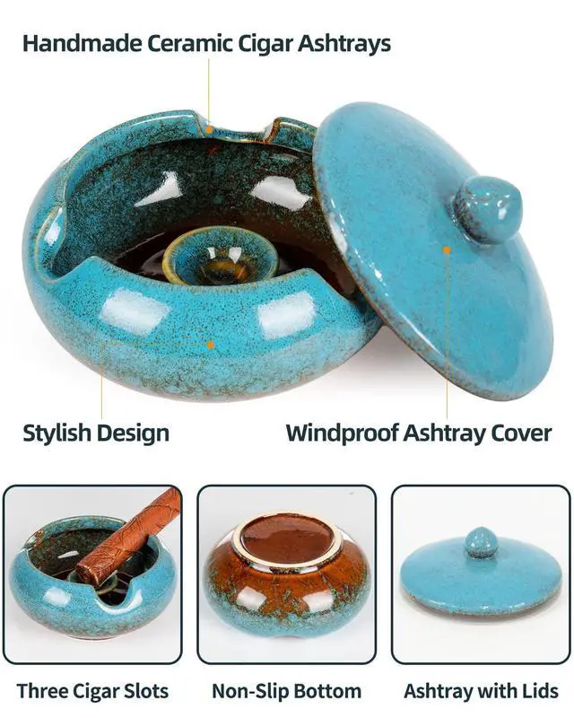 Alt view image 4 of 6 - Ceramic Ashtray with Lids Cigar Accessories Outdoor Windproof Ashtrays for Cigarettes Ash Tray Gift for Men Dad Husband Boyfriend Home Ashtrays for Patio, Indoor, Outside, Office Decoration (Blue)