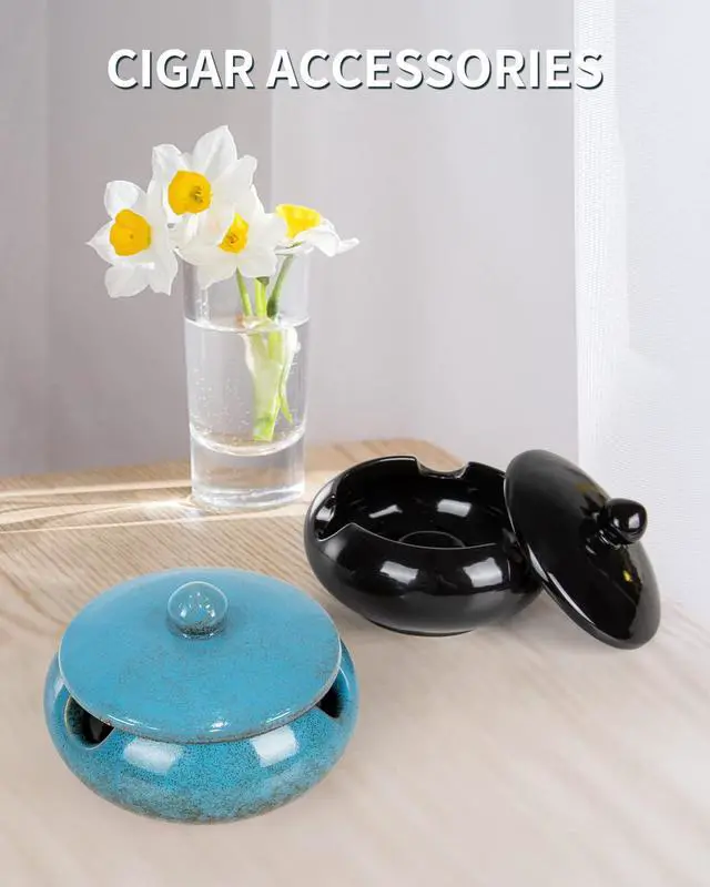 Alt view image 5 of 6 - Ceramic Ashtray with Lids Cigar Accessories Outdoor Windproof Ashtrays for Cigarettes Ash Tray Gift for Men Dad Husband Boyfriend Home Ashtrays for Patio, Indoor, Outside, Office Decoration (Blue)