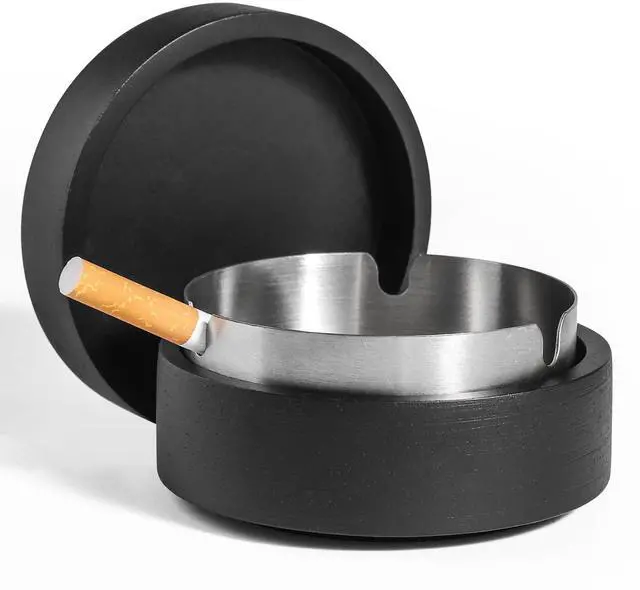 Main image of Cute Ashtrays for Cigarettes Ash Tray with Lid Wooden Ashtray with Stainless Steel Portable Decorative Ashtray Windproof Ashtray for Home,Patio,Office,Outdoors,Indoor,Parties (Black)