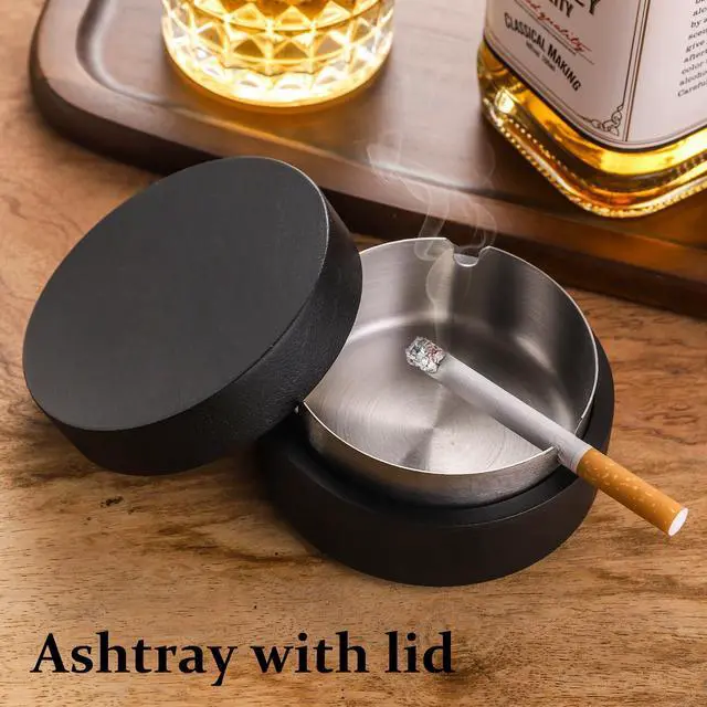 Alt view image 2 of 6 - Cute Ashtrays for Cigarettes Ash Tray with Lid Wooden Ashtray with Stainless Steel Portable Decorative Ashtray Windproof Ashtray for Home,Patio,Office,Outdoors,Indoor,Parties (Black)