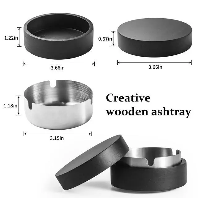 Alt view image 3 of 6 - Cute Ashtrays for Cigarettes Ash Tray with Lid Wooden Ashtray with Stainless Steel Portable Decorative Ashtray Windproof Ashtray for Home,Patio,Office,Outdoors,Indoor,Parties (Black)