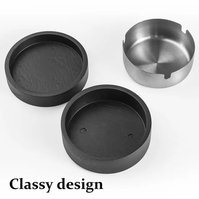 Alt view image 4 of 6 - Cute Ashtrays for Cigarettes Ash Tray with Lid Wooden Ashtray with Stainless Steel Portable Decorative Ashtray Windproof Ashtray for Home,Patio,Office,Outdoors,Indoor,Parties (Black)