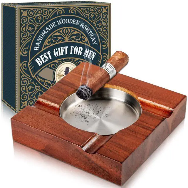Main image of Wood Cigar Ashtray Cigarettes Ashtrays for Indoor Outdoor Patio Home Office Use Square Wooden Brown Cigar Ash Tray Gifts for Men with GIFT BOX (Classic)