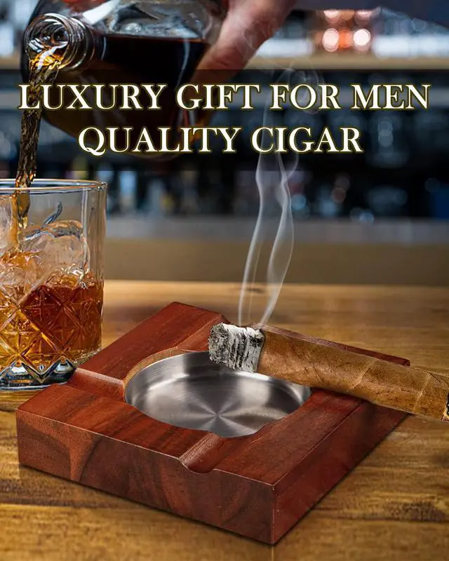 Alt view image 2 of 6 - Wood Cigar Ashtray Cigarettes Ashtrays for Indoor Outdoor Patio Home Office Use Square Wooden Brown Cigar Ash Tray Gifts for Men with GIFT BOX (Classic)