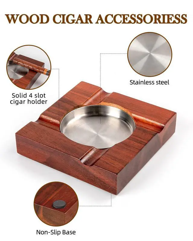 Alt view image 4 of 6 - Wood Cigar Ashtray Cigarettes Ashtrays for Indoor Outdoor Patio Home Office Use Square Wooden Brown Cigar Ash Tray Gifts for Men with GIFT BOX (Classic)