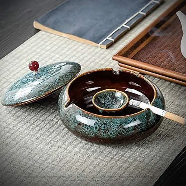 Alt view image 4 of 7 - 5.7" Ceramic Ashtray with Lids Windproof Cigarette Ashtray for Indoor or Outdoor Use Ash Holder for Smokers Desktop Smoking Ash Tray for Home Office Decoration