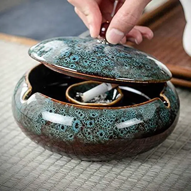 Alt view image 5 of 7 - 5.7" Ceramic Ashtray with Lids Windproof Cigarette Ashtray for Indoor or Outdoor Use Ash Holder for Smokers Desktop Smoking Ash Tray for Home Office Decoration