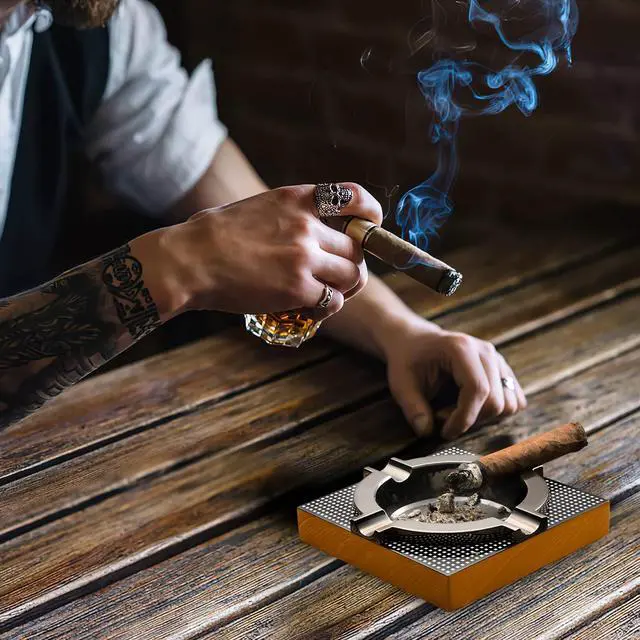 Alt view image 6 of 7 - Cigar Ashtray Metal Outdoor Cigar Cigarette Ashtray for Outside Patio/Home Decor Modern Table Cigar Ashtrays,Cigar Ash tray Accessories Gifts for Men-(Square,Alloy)