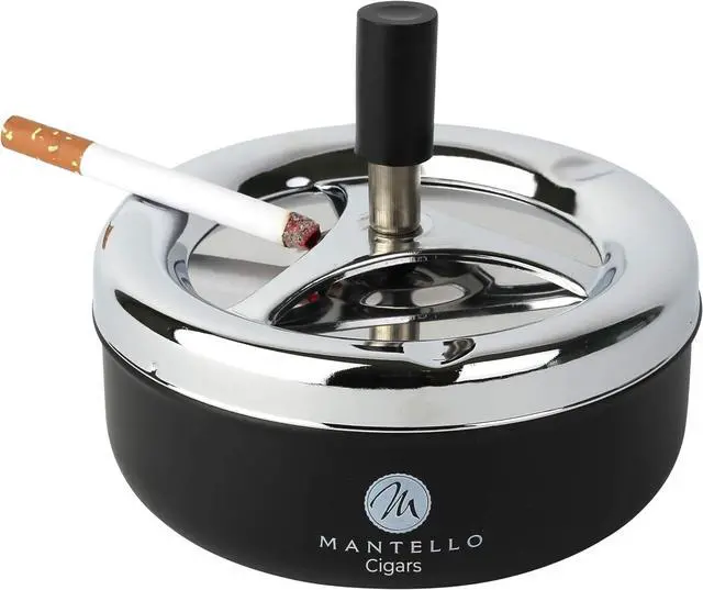 Main image of Mantello Round Push Down Cigarette Ashtray with Spinning Tray, Large, Black