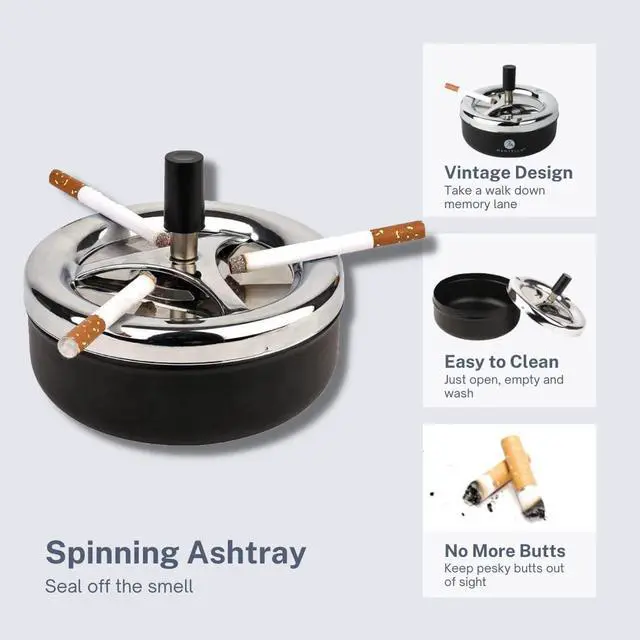 Alt view image 4 of 7 - Mantello Round Push Down Cigarette Ashtray with Spinning Tray, Large, Black