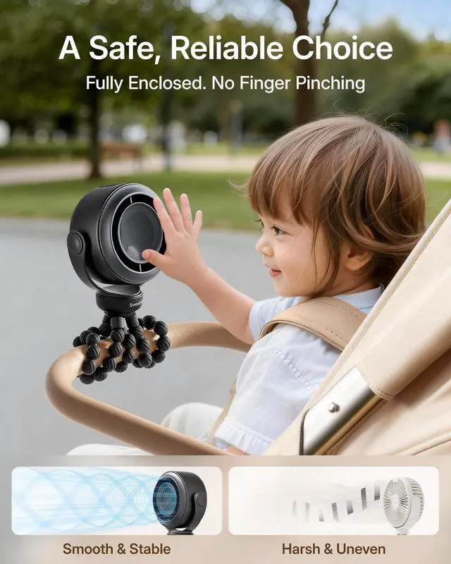 Alt view image 2 of 6 - Portable Stroller Fan, Pinch-Proof Baby Fan, 5-Speed Quiet Mini Clip on Fan, USB-C Rechargeable Battery, LED Display for Car Seat, Crib & Travel - Black