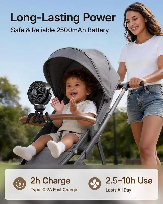 Alt view image 4 of 6 - Portable Stroller Fan, Pinch-Proof Baby Fan, 5-Speed Quiet Mini Clip on Fan, USB-C Rechargeable Battery, LED Display for Car Seat, Crib & Travel - Black