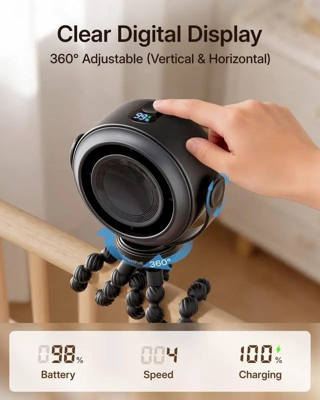 Alt view image 5 of 6 - Portable Stroller Fan, Pinch-Proof Baby Fan, 5-Speed Quiet Mini Clip on Fan, USB-C Rechargeable Battery, LED Display for Car Seat, Crib & Travel - Black