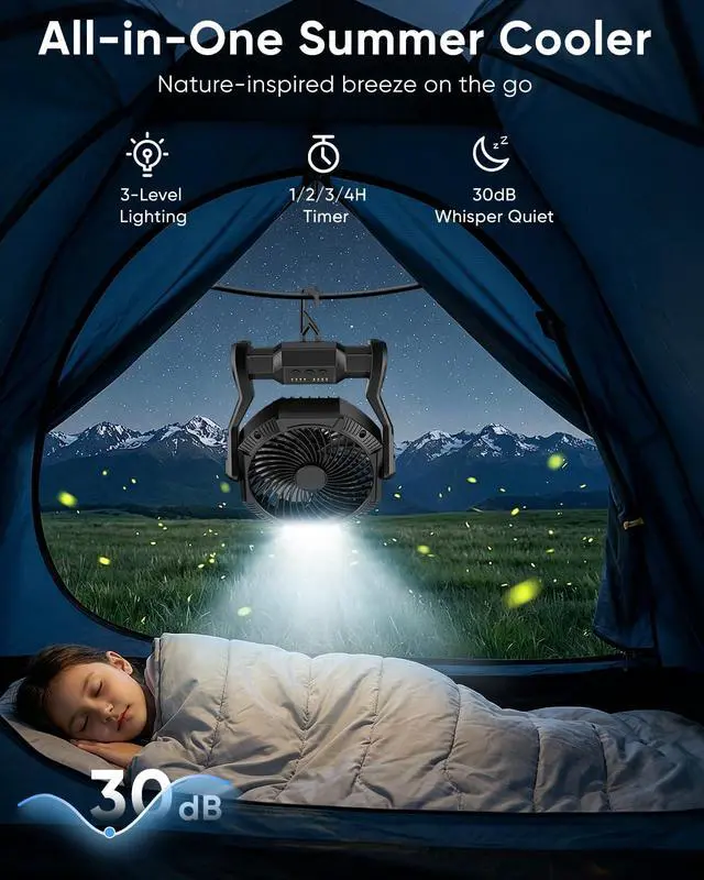 Alt view image 3 of 7 - Portable Rechargeable Fan, 20000mAh Battery Powered Camping Fan with LED Light & Hook, 270° Adjustable, 4-Speed, 4H Timer Camping Essentials for Outdoor Tent Travel BBQ Car, Gifts for Men Dad