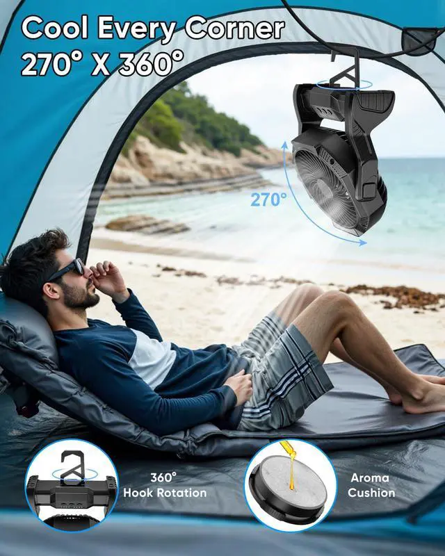 Alt view image 4 of 7 - Portable Rechargeable Fan, 20000mAh Battery Powered Camping Fan with LED Light & Hook, 270° Adjustable, 4-Speed, 4H Timer Camping Essentials for Outdoor Tent Travel BBQ Car, Gifts for Men Dad