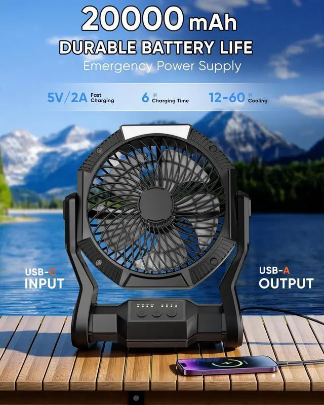 Alt view image 5 of 7 - Portable Rechargeable Fan, 20000mAh Battery Powered Camping Fan with LED Light & Hook, 270° Adjustable, 4-Speed, 4H Timer Camping Essentials for Outdoor Tent Travel BBQ Car, Gifts for Men Dad