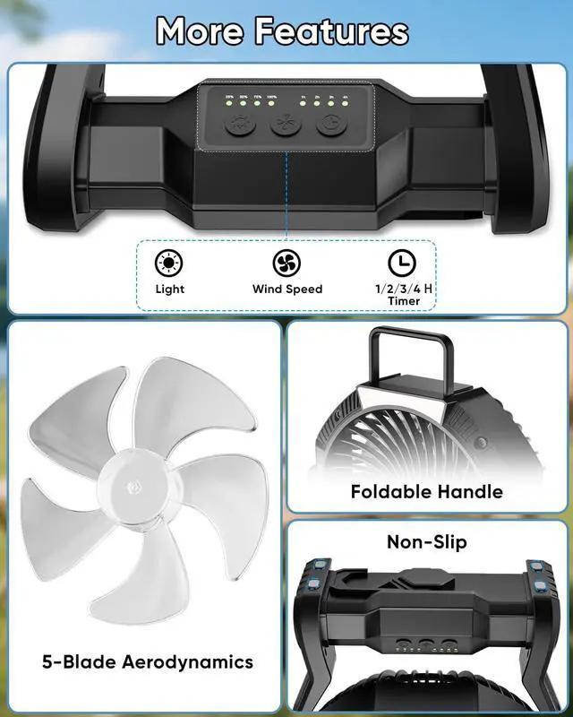 Alt view image 6 of 7 - Portable Rechargeable Fan, 20000mAh Battery Powered Camping Fan with LED Light & Hook, 270° Adjustable, 4-Speed, 4H Timer Camping Essentials for Outdoor Tent Travel BBQ Car, Gifts for Men Dad