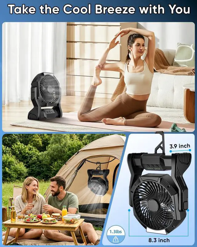 Alt view image 7 of 7 - Portable Rechargeable Fan, 20000mAh Battery Powered Camping Fan with LED Light & Hook, 270° Adjustable, 4-Speed, 4H Timer Camping Essentials for Outdoor Tent Travel BBQ Car, Gifts for Men Dad