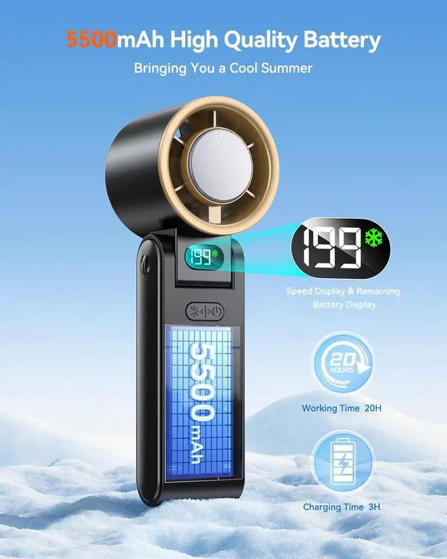 Alt view image 5 of 7 - Portable Handheld Fan with Ice Cooler, 199 Speed Personal Fan,5500mAh Rechargeable,20H Cooling Time,20000 RPM Powerful Motor, Summer Essential for Travel/Outdoor/Office, Black Gold