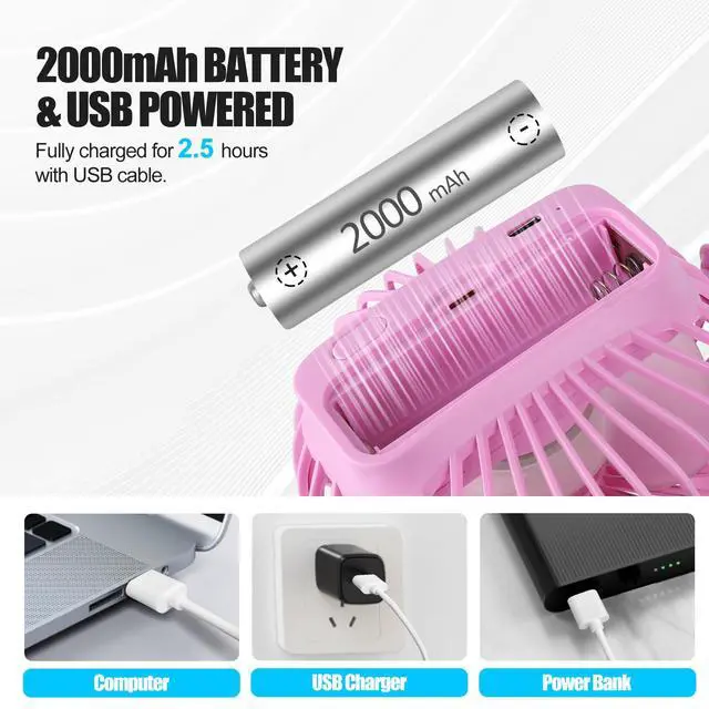 Alt view image 3 of 7 - Portable Clip Fan Battery Operated,3 Speeds USB Rechargeable Mini Table Fan with Strong Airflow,360°Rotation Ultra Quiet Personal Desk Fan for Home Office Bedroom Dorm Stroller Camping- Pink