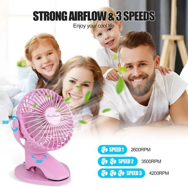 Alt view image 2 of 7 - Portable Clip Fan Battery Operated,3 Speeds USB Rechargeable Mini Table Fan with Strong Airflow,360°Rotation Ultra Quiet Personal Desk Fan for Home Office Bedroom Dorm Stroller Camping- Pink