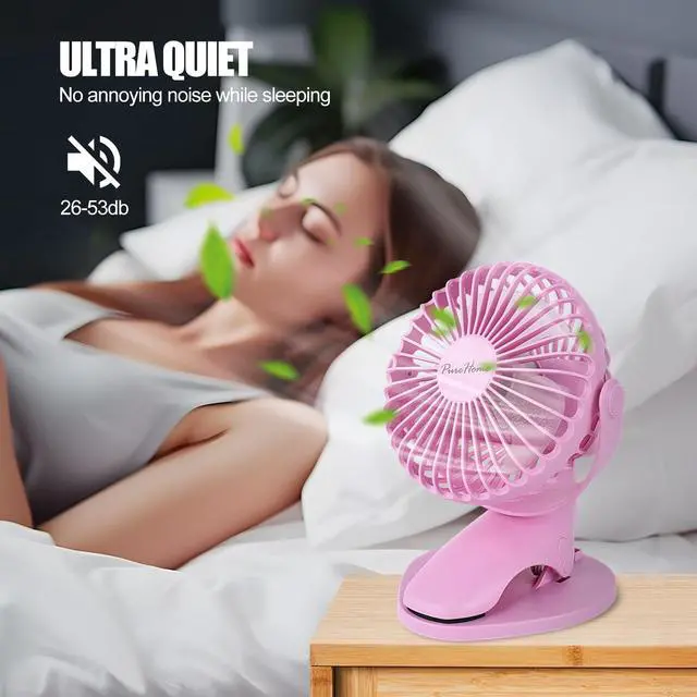 Alt view image 5 of 7 - Portable Clip Fan Battery Operated,3 Speeds USB Rechargeable Mini Table Fan with Strong Airflow,360°Rotation Ultra Quiet Personal Desk Fan for Home Office Bedroom Dorm Stroller Camping- Pink