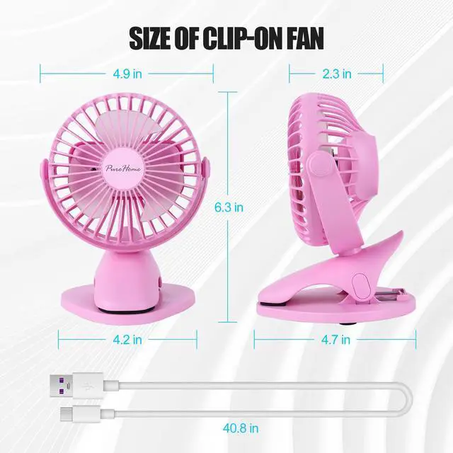 Alt view image 7 of 7 - Portable Clip Fan Battery Operated,3 Speeds USB Rechargeable Mini Table Fan with Strong Airflow,360°Rotation Ultra Quiet Personal Desk Fan for Home Office Bedroom Dorm Stroller Camping- Pink