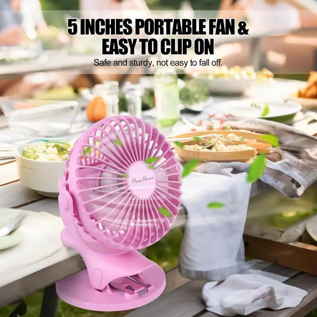 Alt view image 6 of 7 - Portable Clip Fan Battery Operated,3 Speeds USB Rechargeable Mini Table Fan with Strong Airflow,360°Rotation Ultra Quiet Personal Desk Fan for Home Office Bedroom Dorm Stroller Camping- Pink