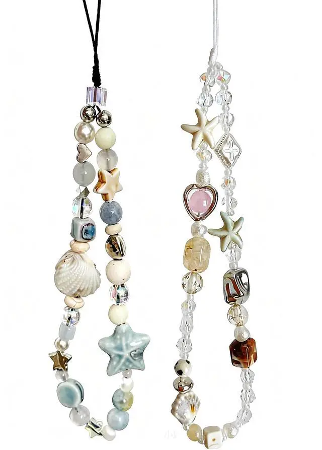 Main image of 2 Pcs Phone Charm Strap Universal Hand Phone Wrist Strap Camera Lanyard Pearl Beaded Cute Chain String Accessories Universal for iPhone 16 Pro Max Samsung Women Girls Phones Bag Keychain Beach Style