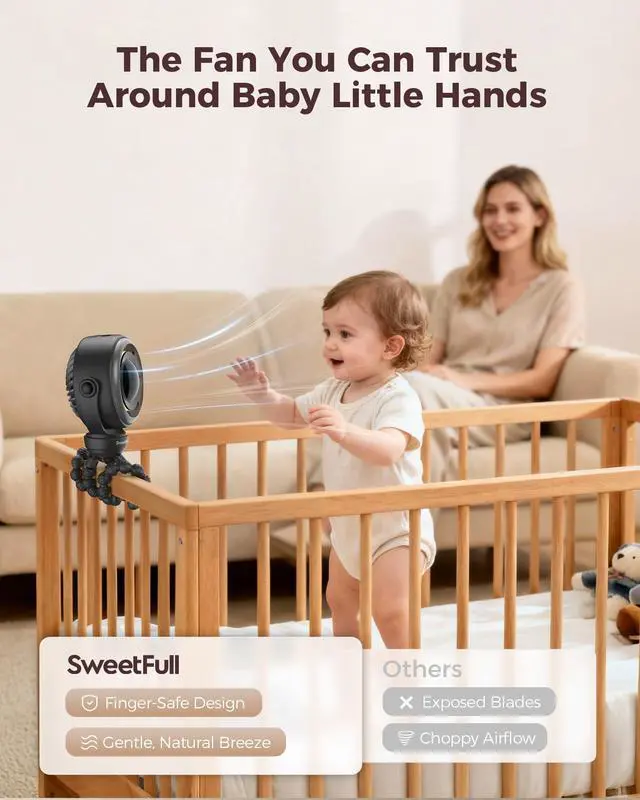 Alt view image 2 of 7 - Baby Stroller Fan - 4000mAh Rechargeable 4-Speed Quiet with LED Display & Night Light, Mini Portable 360° Clip On Safe Fan for Car Seat, Crib, Travel - Black