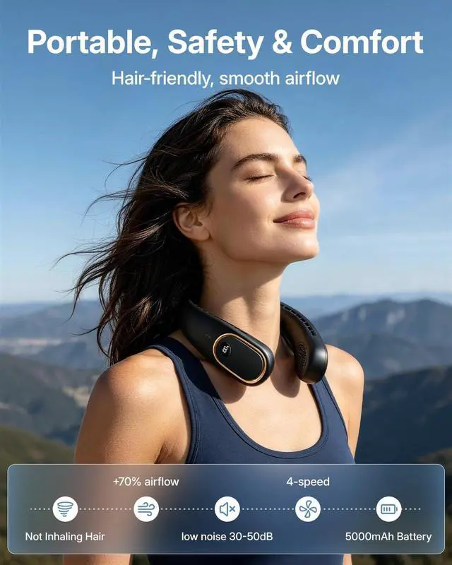 Alt view image 2 of 7 - Portable Neck Fan - 5000mAh Rechargeable Hands-Free Wearable Fan | 4 Speeds, Bladeless & LED Display | Personal Cooling Fan for Travel, Outdoors, Camping - Black