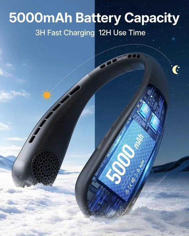 Alt view image 4 of 7 - Portable Neck Fan - 5000mAh Rechargeable Hands-Free Wearable Fan | 4 Speeds, Bladeless & LED Display | Personal Cooling Fan for Travel, Outdoors, Camping - Black