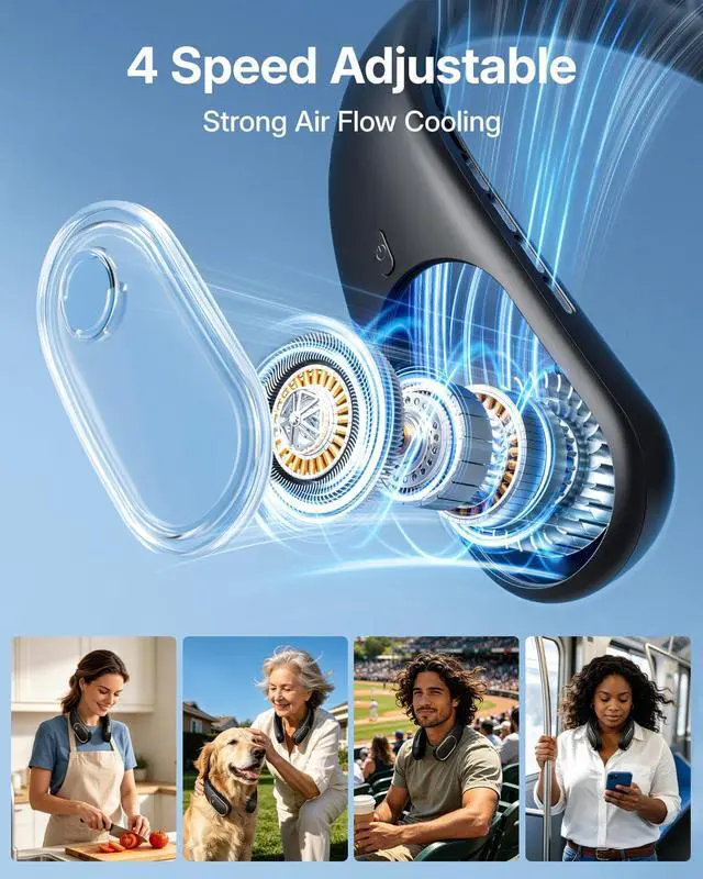 Alt view image 3 of 7 - Portable Neck Fan - 5000mAh Rechargeable Hands-Free Wearable Fan | 4 Speeds, Bladeless & LED Display | Personal Cooling Fan for Travel, Outdoors, Camping - Black