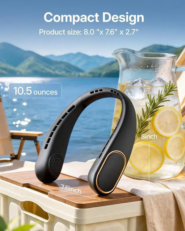 Alt view image 5 of 7 - Portable Neck Fan - 5000mAh Rechargeable Hands-Free Wearable Fan | 4 Speeds, Bladeless & LED Display | Personal Cooling Fan for Travel, Outdoors, Camping - Black