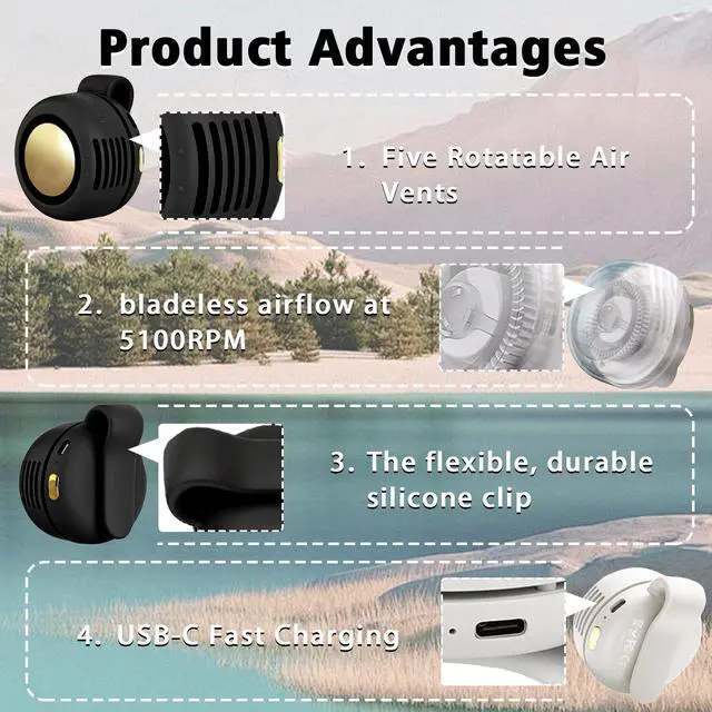 Alt view image 3 of 6 - Portable Mini Clip on Fan, 3 Speeds USB Rechargeable 360° Rotatable Fan, Silent Bladeless Personal Fans