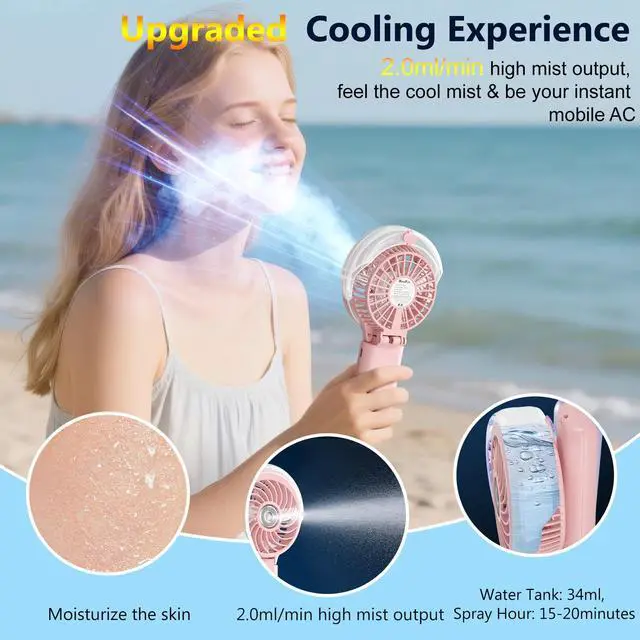 Alt view image 2 of 7 - 5200mAh Upgraded Handheld Misting Fan, Personal Mister Fan, Spray Water Mist Fans USB Rechargeable, Electric Mini Cooling Ice AC Fans for Summer Beach Travel Gifts for Women(Pink)