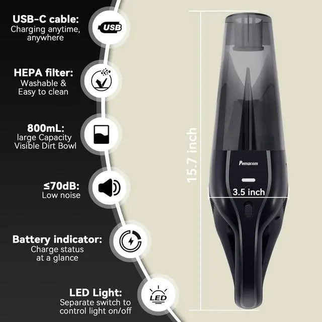 Alt view image 2 of 7 - Portable Handheld Vacuum Cordless 10,000Pa Suction Power, Lightweight 1.8 lbs, Washable HEPA Filter, LED Light, Quiet, 800ml Dustbin, Perfect for Home